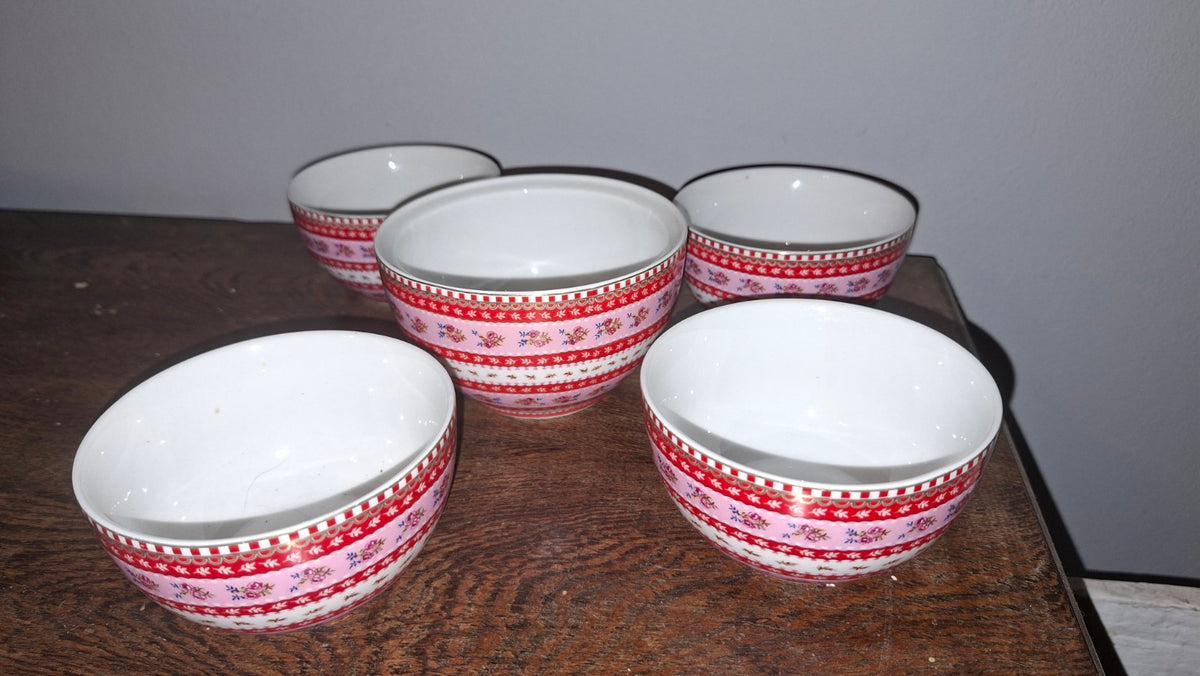 PiP Home pink and red floral porcelain bowls - set of 5